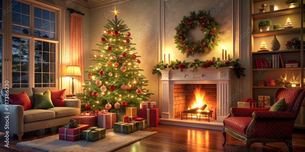 interior Christmas magic glowing tree fireplace interior Christmas magic glowing tree fireplace