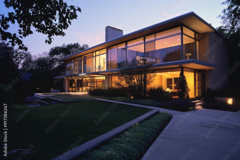 A sleek modern house, illuminated at twilight, stands elegantly with large windows reflecting the deepening blue sky and surrounding foliage. A sleek modern house, illuminated at twilight, stands elegantly with large windows reflecting the deepening blue sky and surrounding foliage.