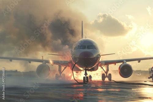 A passenger airplane on fire during takeoff, with firefighters in the foreground attempting to extinguish the intense blaze amid clouds of dark smoke.