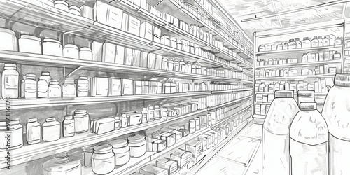 Pencil sketch of a grocery store aisle.