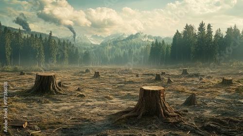 A serene landscape showing the effects of deforestation, with tree stumps and barren land contrasting against the remaining forest photo