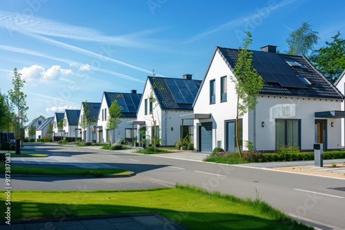 A row of modern white houses with solar panels on their roofs lines a serene suburban street under a clear blue sky.