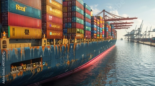 Wallpaper Mural Container ship docked at a busy port, unloading cargo during the day with cranes in the background Torontodigital.ca