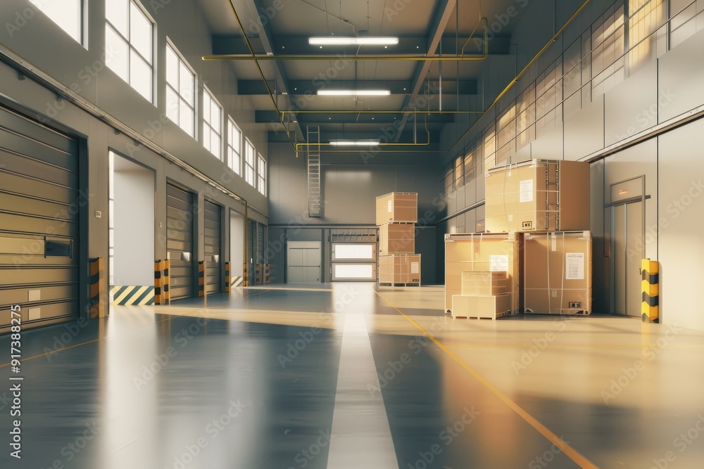 Bright, expansive warehouse with stacked boxes and sunlight streaming through high windows, embodying efficiency and storage space.