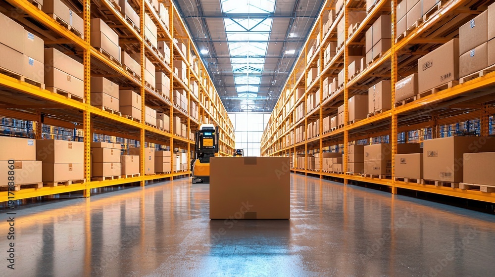 Fototapeta premium A spacious warehouse filled with stacked cardboard boxes, showcasing organized inventory and efficient storage solutions.