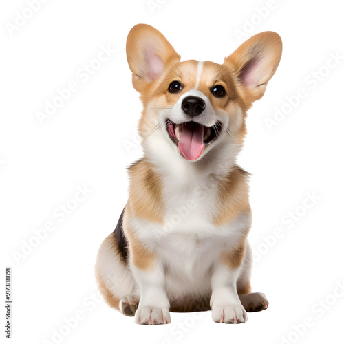  Happy welsh corgi sitting and smiling, studio shot, isolated