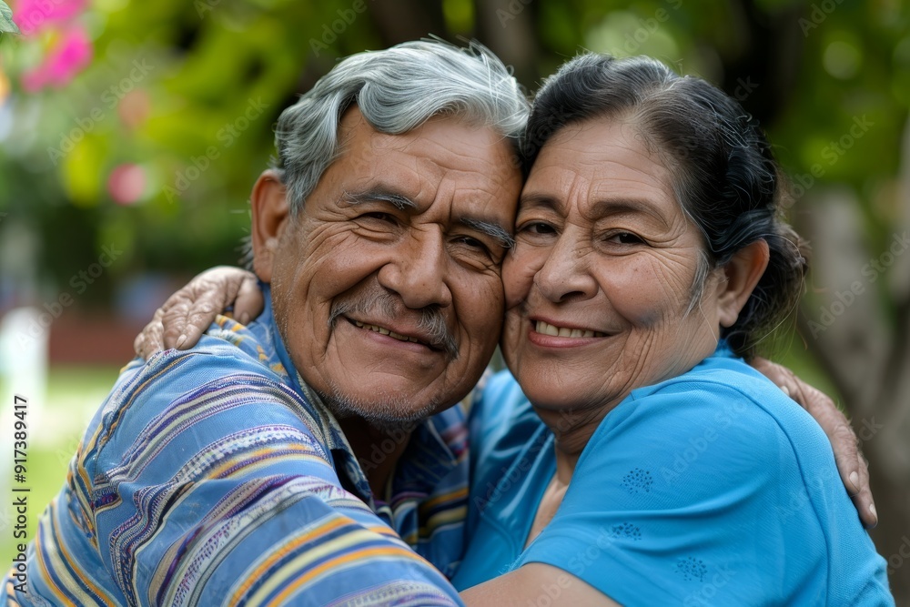 A joyful elderly couple embraces outdoors, radiating love and contentment in a lush, vibrant garden setting. A joyful elderly couple embraces outdoors, radiating love and contentment in a lush, vibrant garden setting.
