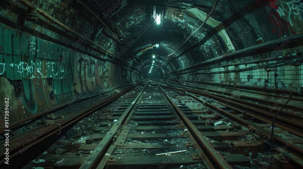 A deserted, graffiti-covered train tunnel with a single light at the end. The tracks lead into the darkness. A deserted, graffiti-covered train tunnel with a single light at the end. The tracks lead into the darkness.