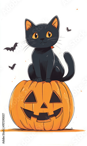 illustration of a cute black cat sitting on top of cute jack-o-lantern, white background,