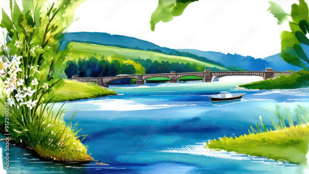 Naklejka premium Card with a flowing river theme, featuring watercolor blues and greens, riverbank floral accents and subtle boat or bridge illustrations without text 
