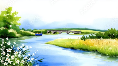 Wallpaper Mural Card with a flowing river theme, featuring watercolor blues and greens, riverbank floral accents and subtle boat or bridge illustrations without text	
 Torontodigital.ca