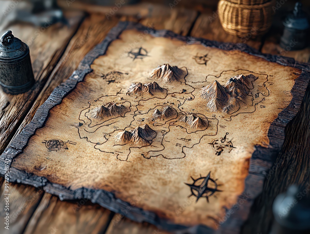 vintage style treasure map with a marked route, hidden treasures, and cryptic symbols, evoking