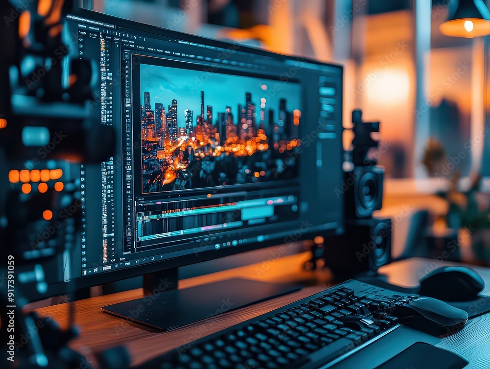 video editing setup with a focus on a monitor displaying a cityscape timeline. video editing setup with a focus on a monitor displaying a cityscape timeline.