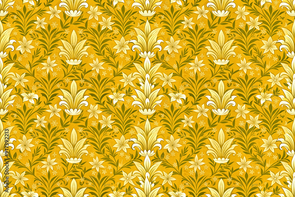 Seamless pattern of lilies and leaves on a golden background Seamless pattern of lilies and leaves on a golden background
