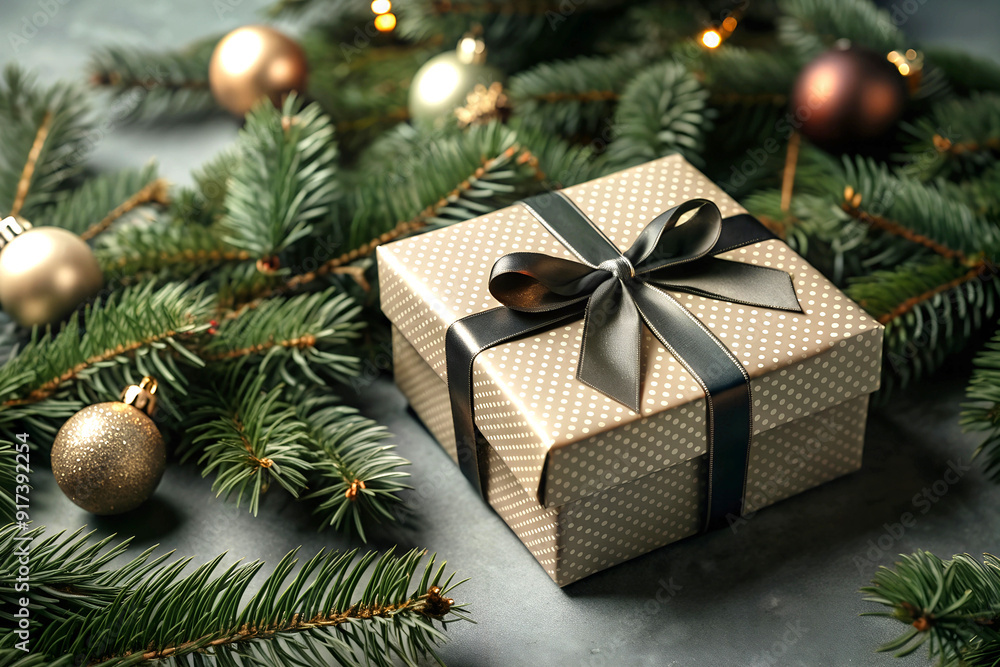 A box with a Christmas gift near a Christmas tree branch and Christmas toys A box with a Christmas gift near a Christmas tree branch and Christmas toys