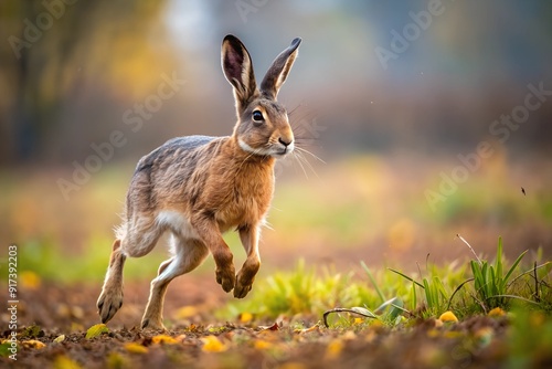 Fényképezés A hare runs across the field in autumn