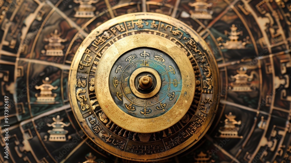 Fototapeta premium An intricately detailed golden compass or astrolabe with zodiac symbols and ornate designs, likely used for astrology or navigation in ancient times
