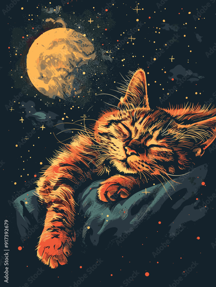 Cute cat sleeping on the moon. Hand drawn vector illustration. Cute cat sleeping on the moon. Hand drawn vector illustration.