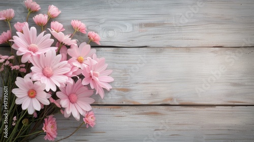 Pink Flowers Arrangement on Weathered Wooden Surface