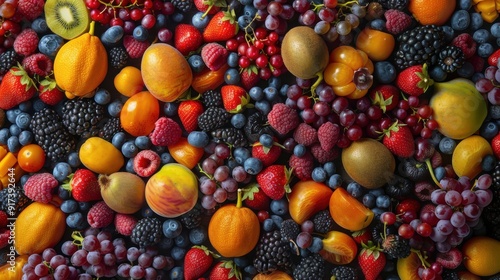 Variety of fruits including kiwi, lemon, blueberries, raspberries, strawberries, blackberries, oranges, peaches, and grapes