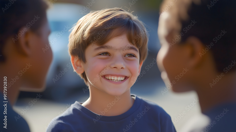 A joyful young boy smiling brightly among friends, capturing the essence of childhood happiness and friendship A joyful young boy smiling brightly among friends, capturing the essence of childhood happiness and friendship