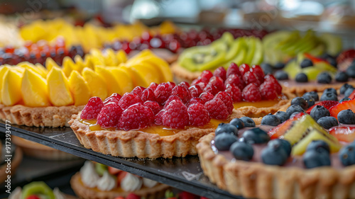 Fruit tarts with raspberries, blueberries, kiwi, and strawberries.