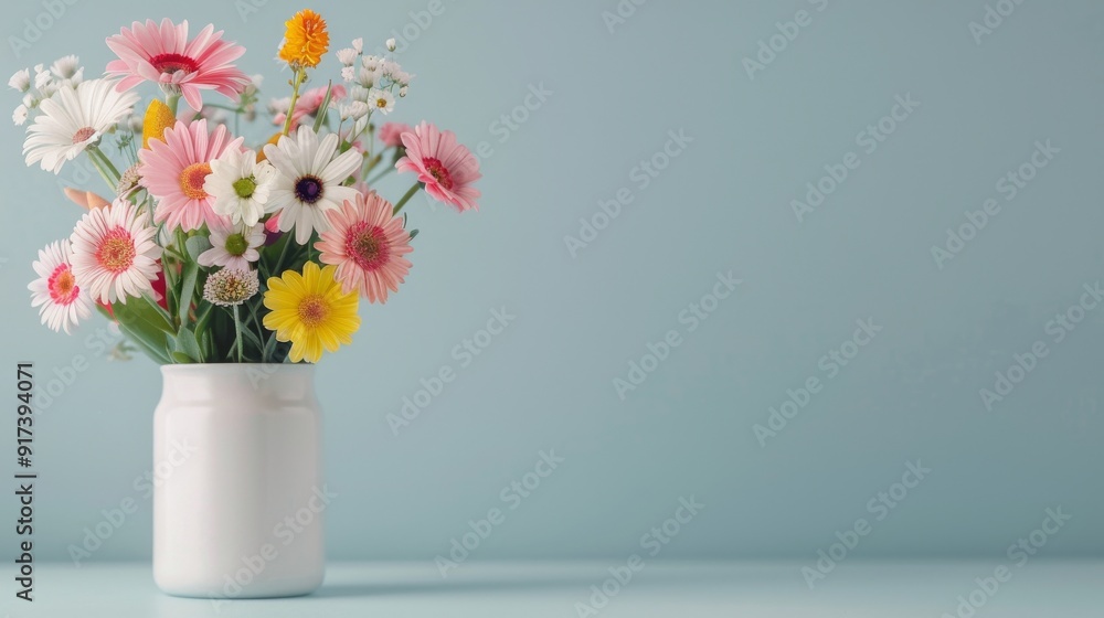 Colorful Mixed Bouquet in White Vase Against Blurred Background Colorful Mixed Bouquet in White Vase Against Blurred Background