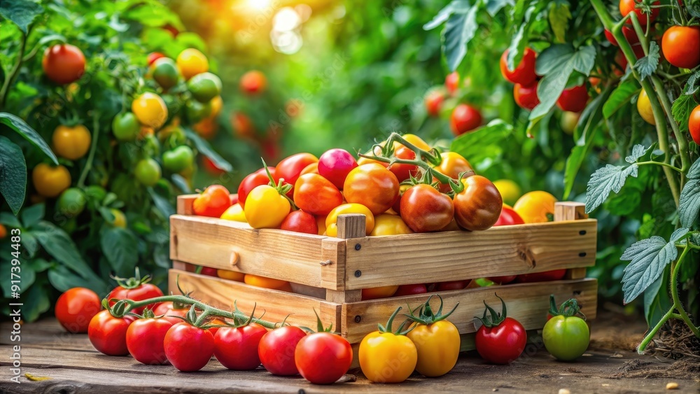 Vibrant tomato garden with ripe red and yellow tomatoes in wooden crate surrounded by lush foliage, Tomato, garden, vibrant Vibrant tomato garden with ripe red and yellow tomatoes in wooden crate surrounded by lush foliage, Tomato, garden, vibrant