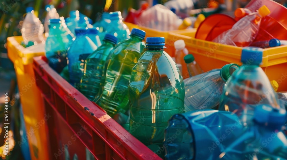 Fototapeta premium Plastic bottles of various shapes and colors neatly arranged in yellow and red crates under warm sunlight, promoting a sustainable environment.