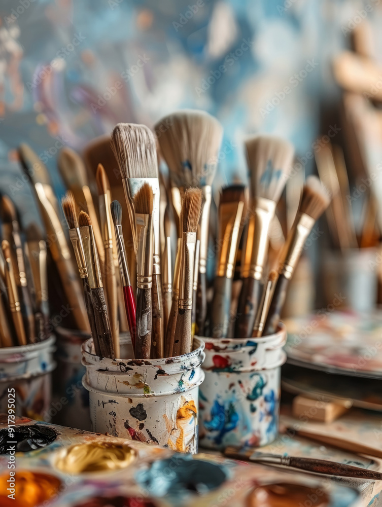 Fototapeta premium Paintbrushes in a colorful artist's workshop