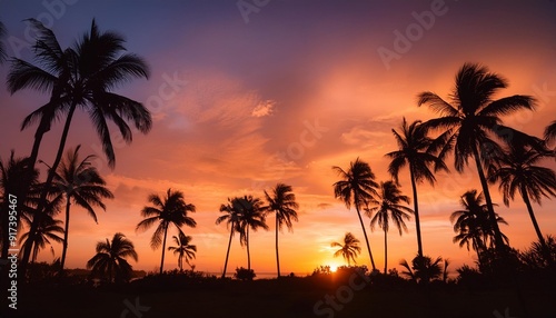 a vibrant image of palm trees silhouetted against a warm sunset sky