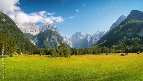 logar valley panoramic view of the meadow with slovenian alps