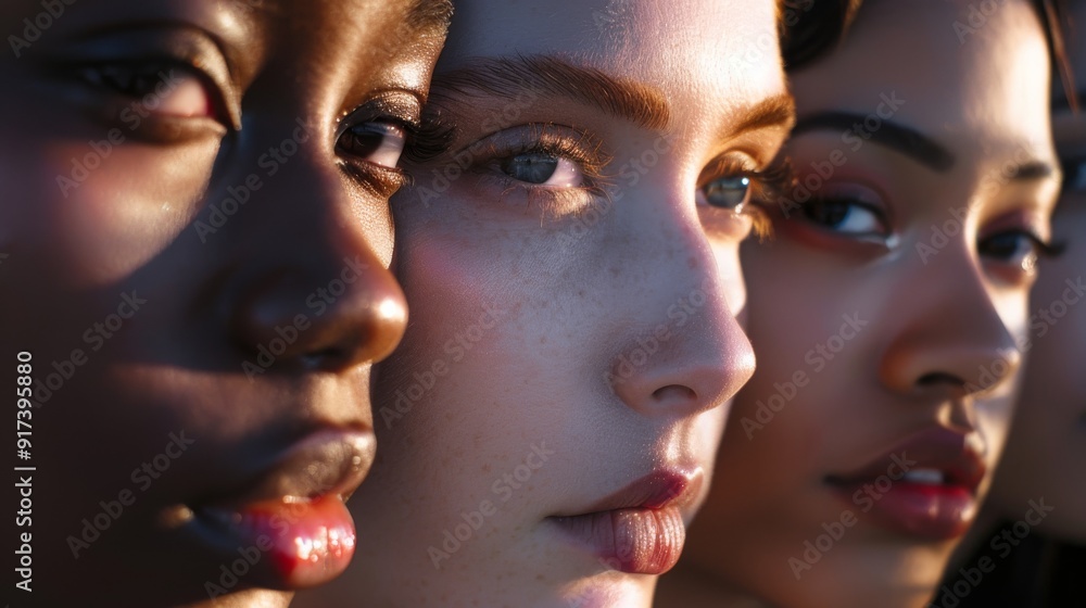 Close-up of three women with diverse skin tones and intent gazes, captured in warm, golden light, highlighting their unique beauty and expressions. Close-up of three women with diverse skin tones and intent gazes, captured in warm, golden light, highlighting their unique beauty and expressions.