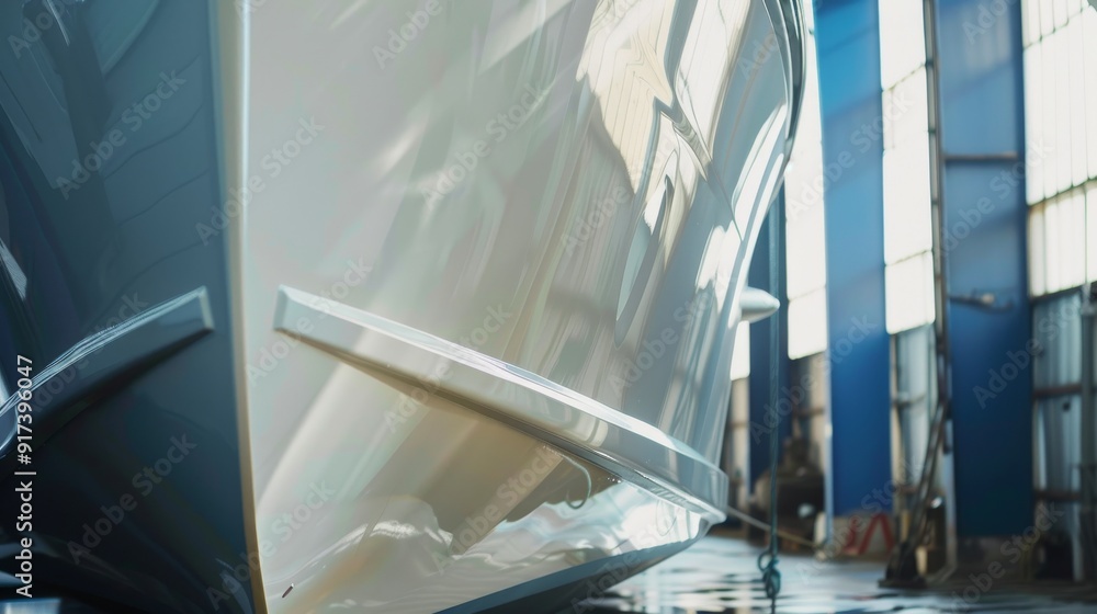 Obraz premium The polished hull of a boat in a shipyard, reflecting industrial overhead lights, suggests meticulous craftsmanship and marine engineering excellence.