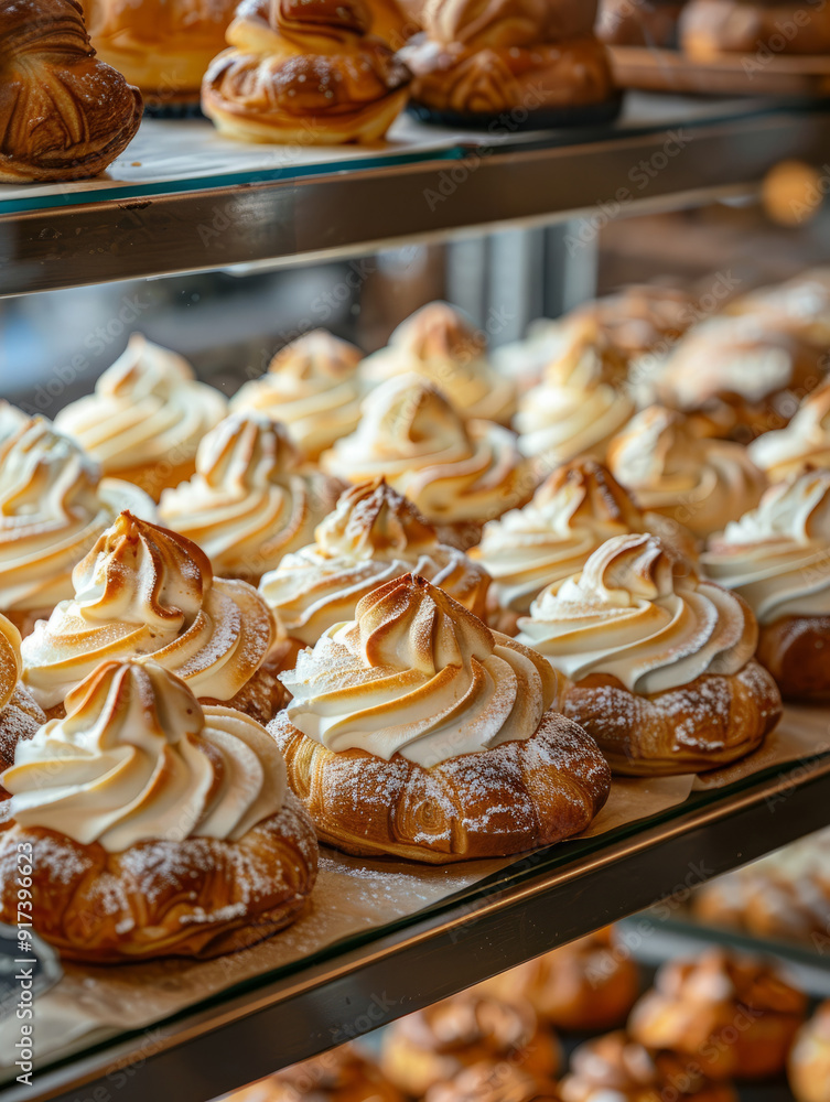 Pastries displayed in a bakery, topped with cream and powdered sugar. Pastries displayed in a bakery, topped with cream and powdered sugar.