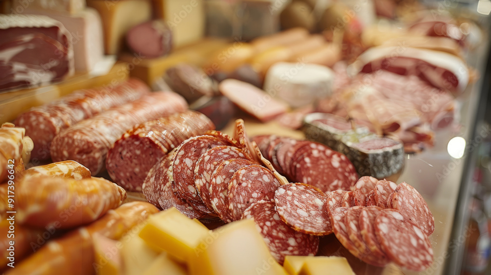 Assortment of deli meats and cheeses in a display case. Assortment of deli meats and cheeses in a display case.