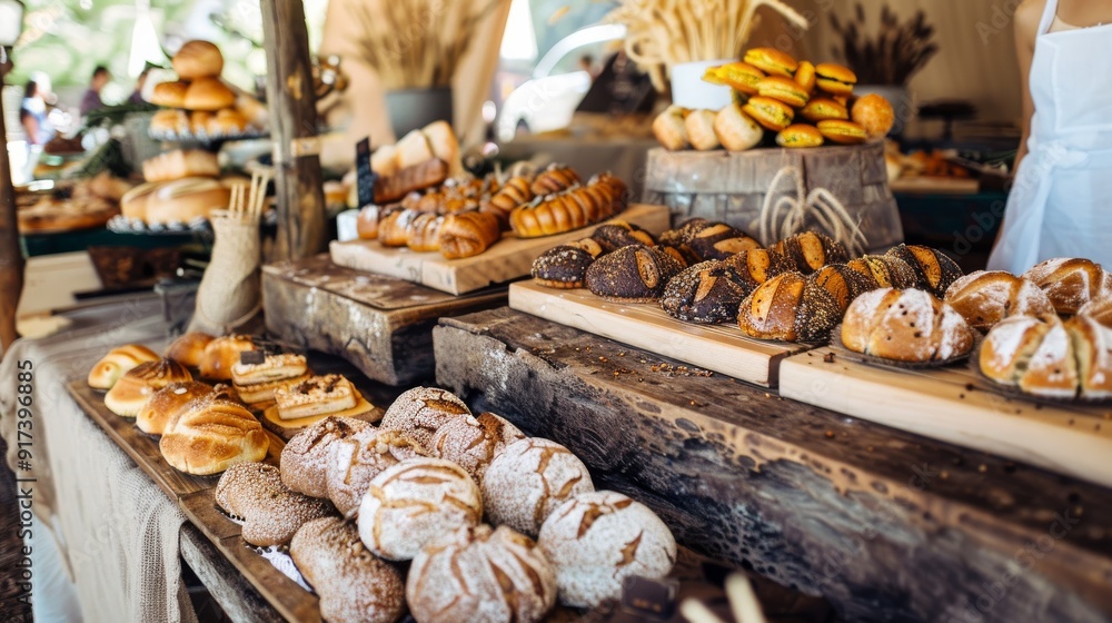 An enticing display of freshly baked artisanal bread and pastries showcased at a rustic bakery stand, inviting customers with its diverse and delectable assortment. An enticing display of freshly baked artisanal bread and pastries showcased at a rustic bakery stand, inviting customers with its diverse and delectable assortment.