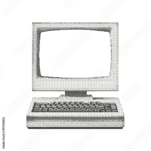 Vintage computer. Collage cutout element for scrapbook, poster, t-shirt. Vector monochrome sticker in a surreal bitmap style with dotted photocopy texture.