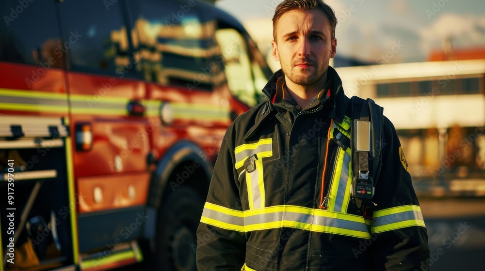 A firefighter in full uniform looks resolute beside a firetruck, ready to confront any emergency that arises. A firefighter in full uniform looks resolute beside a firetruck, ready to confront any emergency that arises.