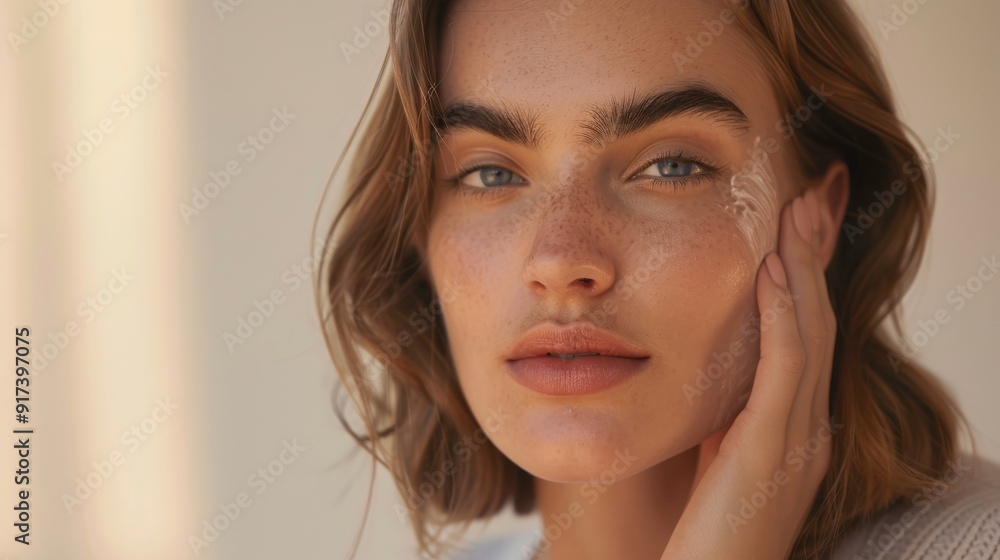 Portrait of a woman gently touching her face, her freckles, soft makeup, and serene expression radiating natural beauty and calm confidence. Portrait of a woman gently touching her face, her freckles, soft makeup, and serene expression radiating natural beauty and calm confidence.