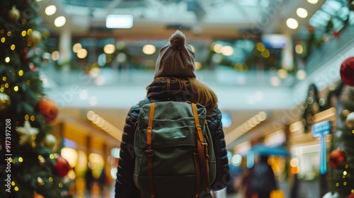 A person with a backpack and beanie stands in a festive shopping mall adorned with holiday lights and decorations.