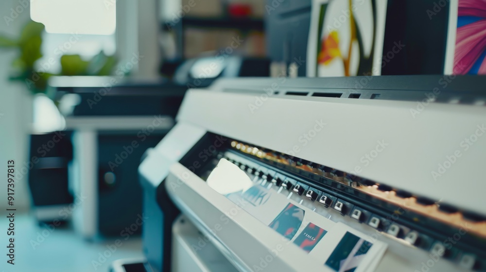 A close-up of a large printer in motion, printing colorful images in a modern office setting, emphasizing creativity and technology. A close-up of a large printer in motion, printing colorful images in a modern office setting, emphasizing creativity and technology.