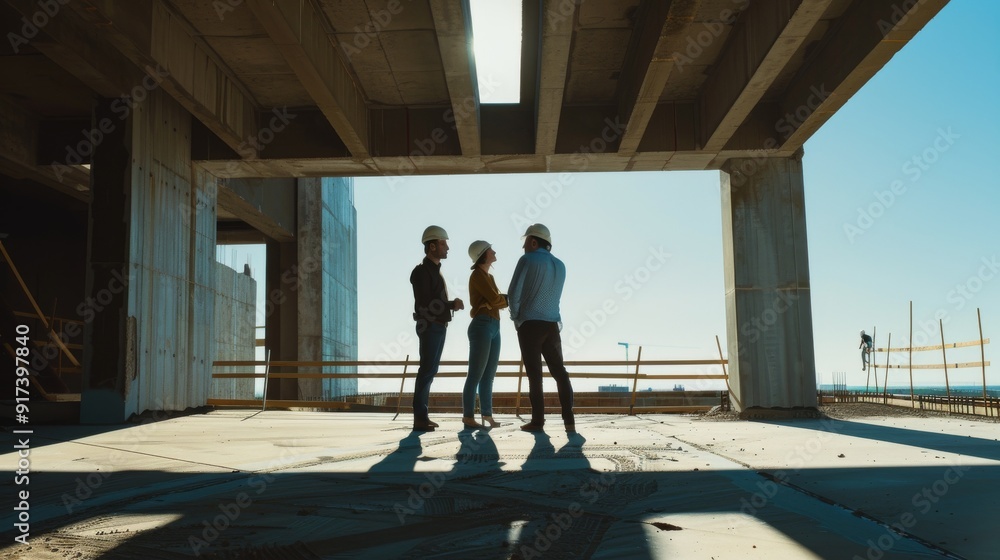 Three construction workers in hard hats stand inside an unfinished building, discussing progress as sunlight streams through the structure. Three construction workers in hard hats stand inside an unfinished building, discussing progress as sunlight streams through the structure.