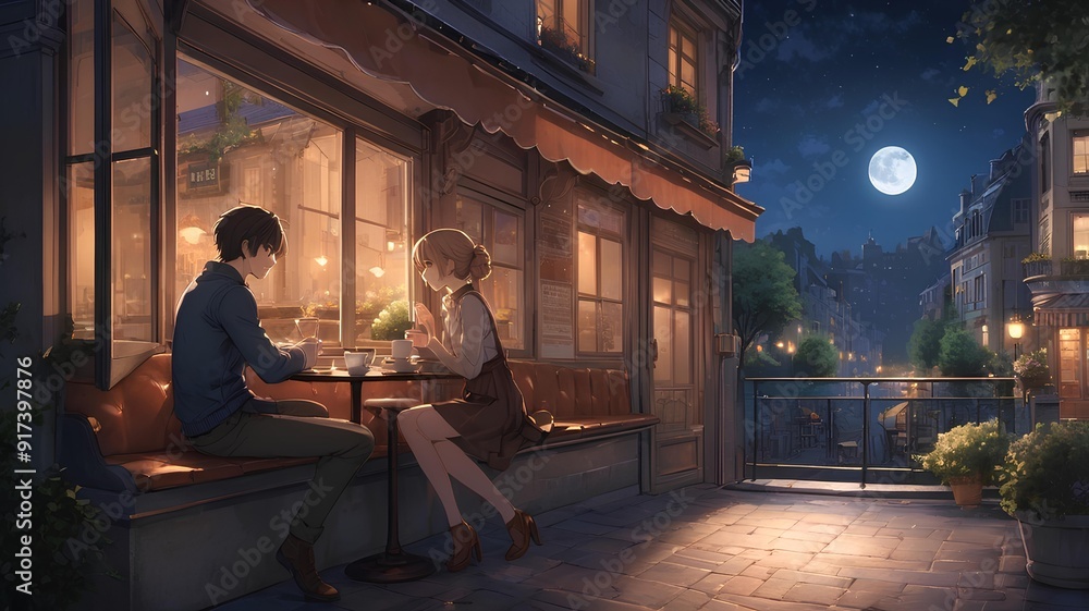 Romantic Anime Illustrations: Couples Enjoying Moonlit European Cityscapes and Cozy Moments Romantic Anime Illustrations: Couples Enjoying Moonlit European Cityscapes and Cozy Moments