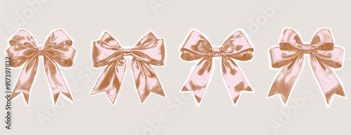  Vintage bows kit. Collage with a girly aesthetic. Retro bitmap scrapbooking style with cutout element. Trendy stickers for poster art or t-shirt with photocopy dotted effect.