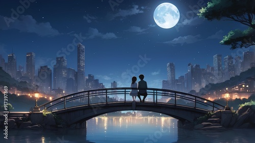 Romantic Anime Illustrations: Couples Enjoying Moonlit European Cityscapes and Cozy Moments photo