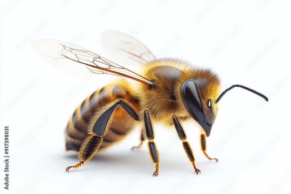 Close-up of a honeybee with detailed wings and golden fur against a light background Close-up of a honeybee with detailed wings and golden fur against a light background