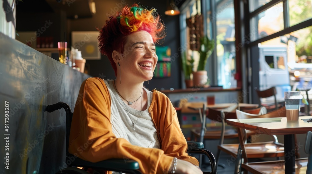 A joyful person with vibrant rainbow hair, seated in a wheelchair at a cozy café, basking in morning sunlight. A joyful person with vibrant rainbow hair, seated in a wheelchair at a cozy café, basking in morning sunlight.
