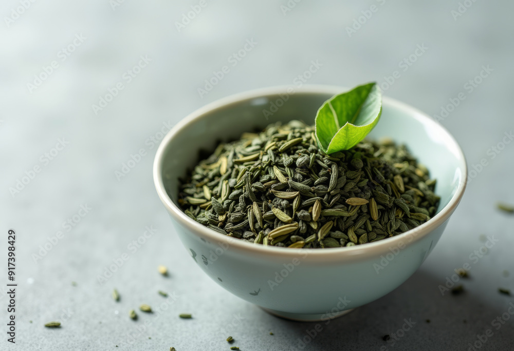 A bowl filled with green tea leaves and with a small green tea leaf on top, on a light gray background. A bowl filled with green tea leaves and with a small green tea leaf on top, on a light gray background.