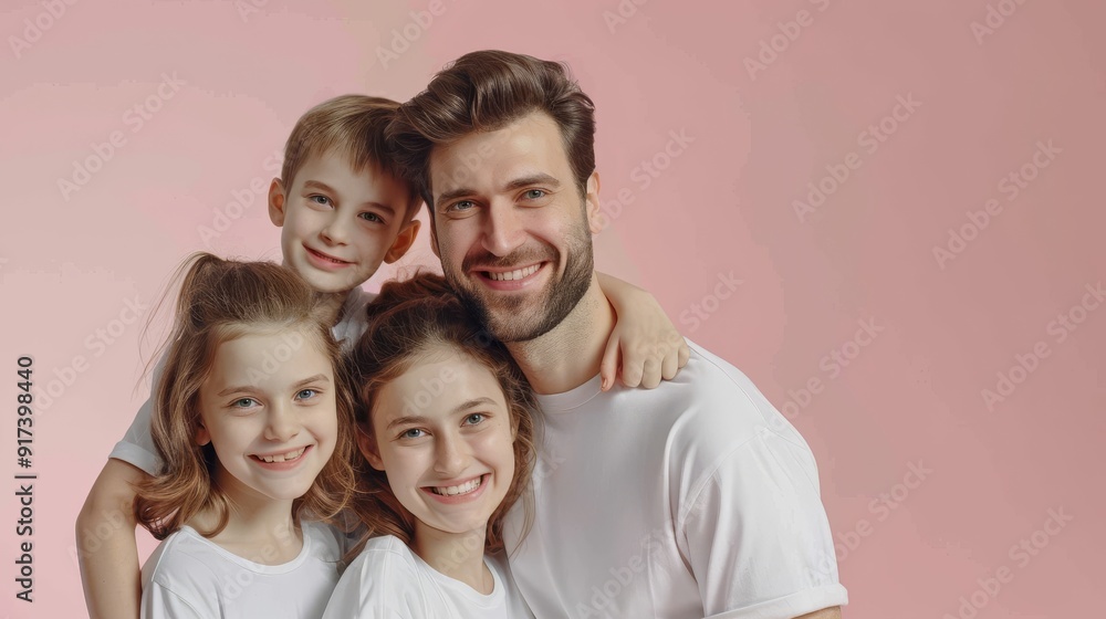 A family of four enjoys a cheerful portrait against a light pink background, radiating happiness and togetherness. A family of four enjoys a cheerful portrait against a light pink background, radiating happiness and togetherness.